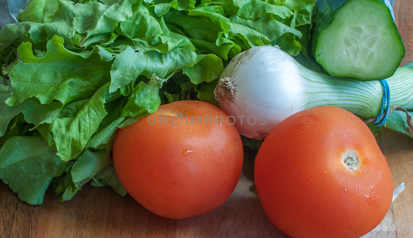salad ingredients of tomato,cucumber,spring onion and lettuce by sirspread