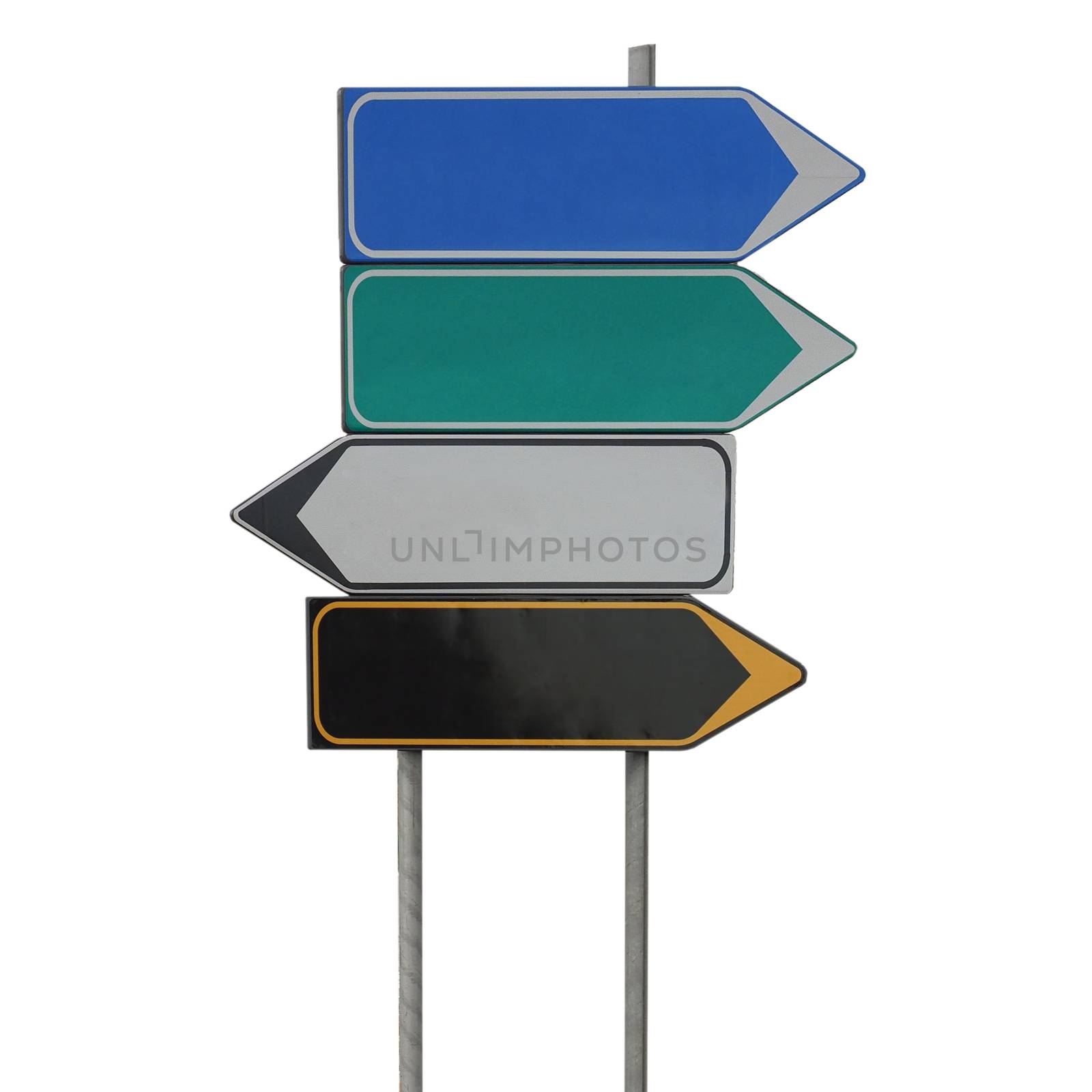 Blank road signs with copy space for your own message. Blue green white and black direction arrows.