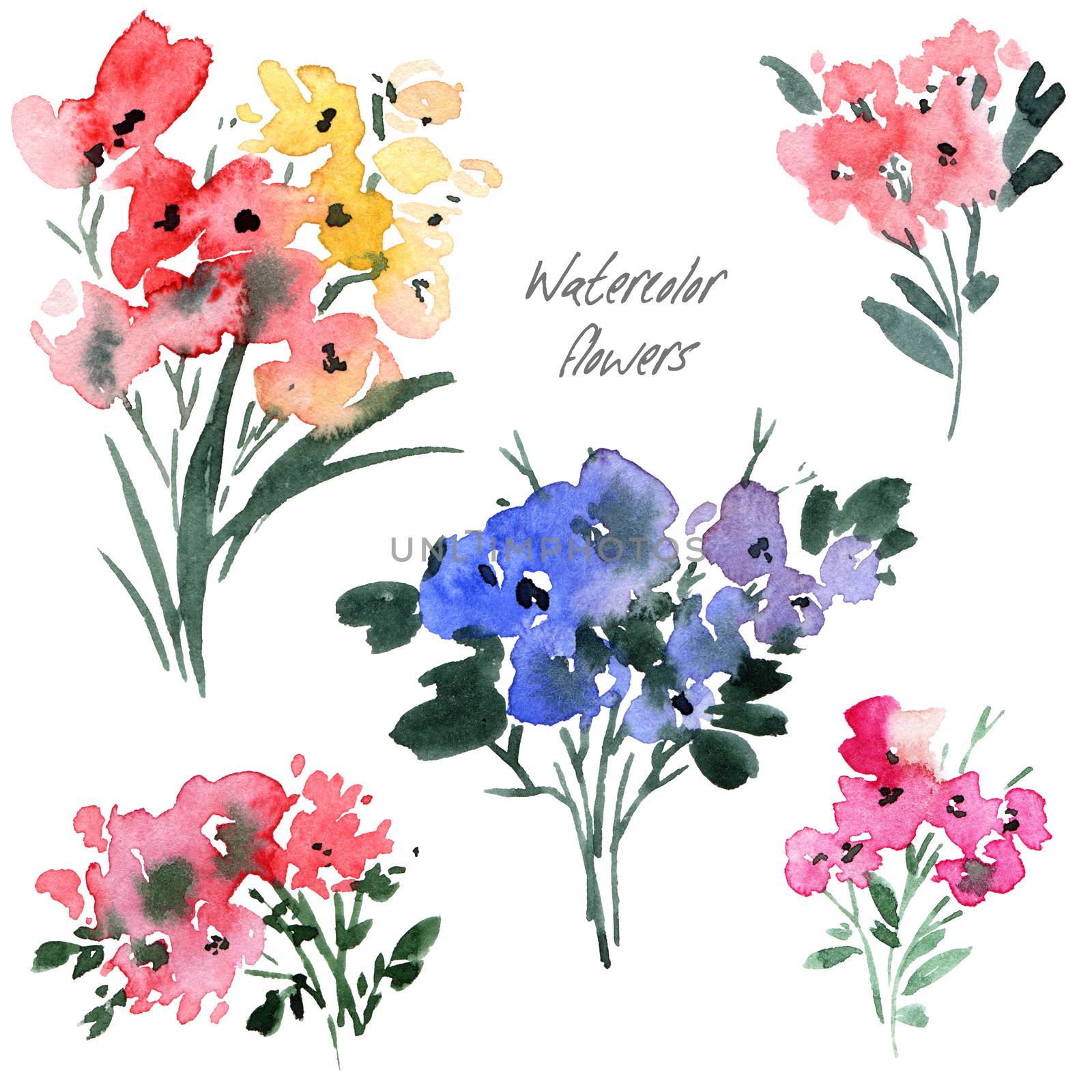 Watercolor floral arrangments with flowers, leaves and twigs. Artistic illustration.