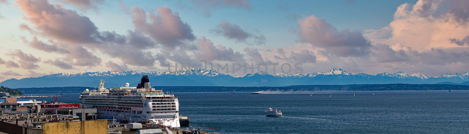 Cruise Ship in Seattle with Bainbridge Island at Dusk by dbvirago