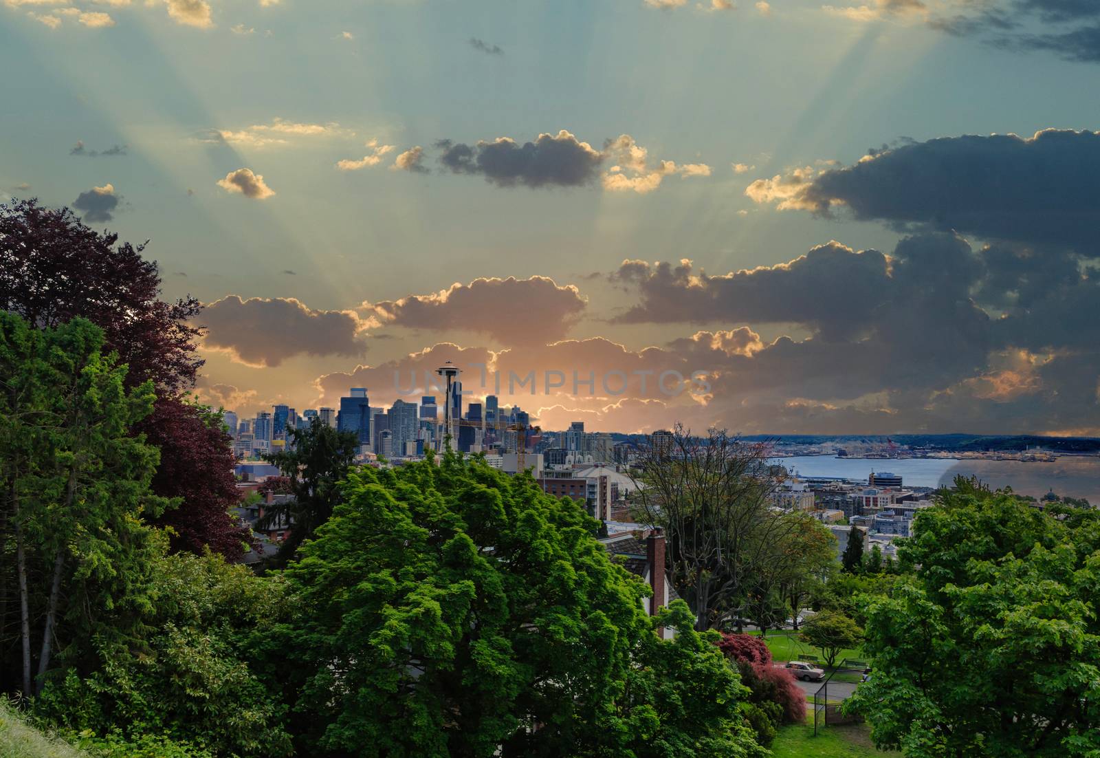 Seattle from Distance at Sunset by dbvirago