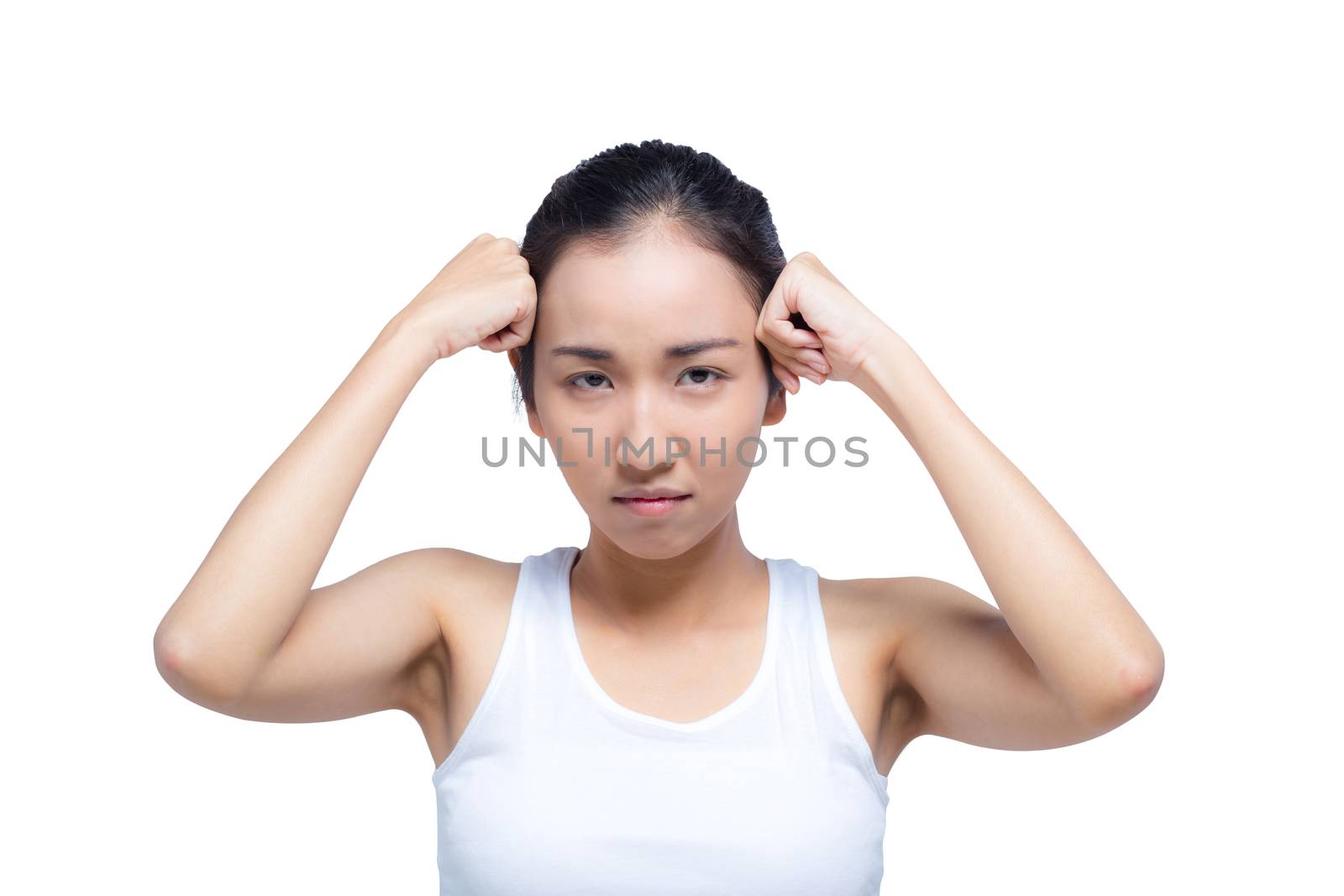 asian woman strain with thinking isolated on white background