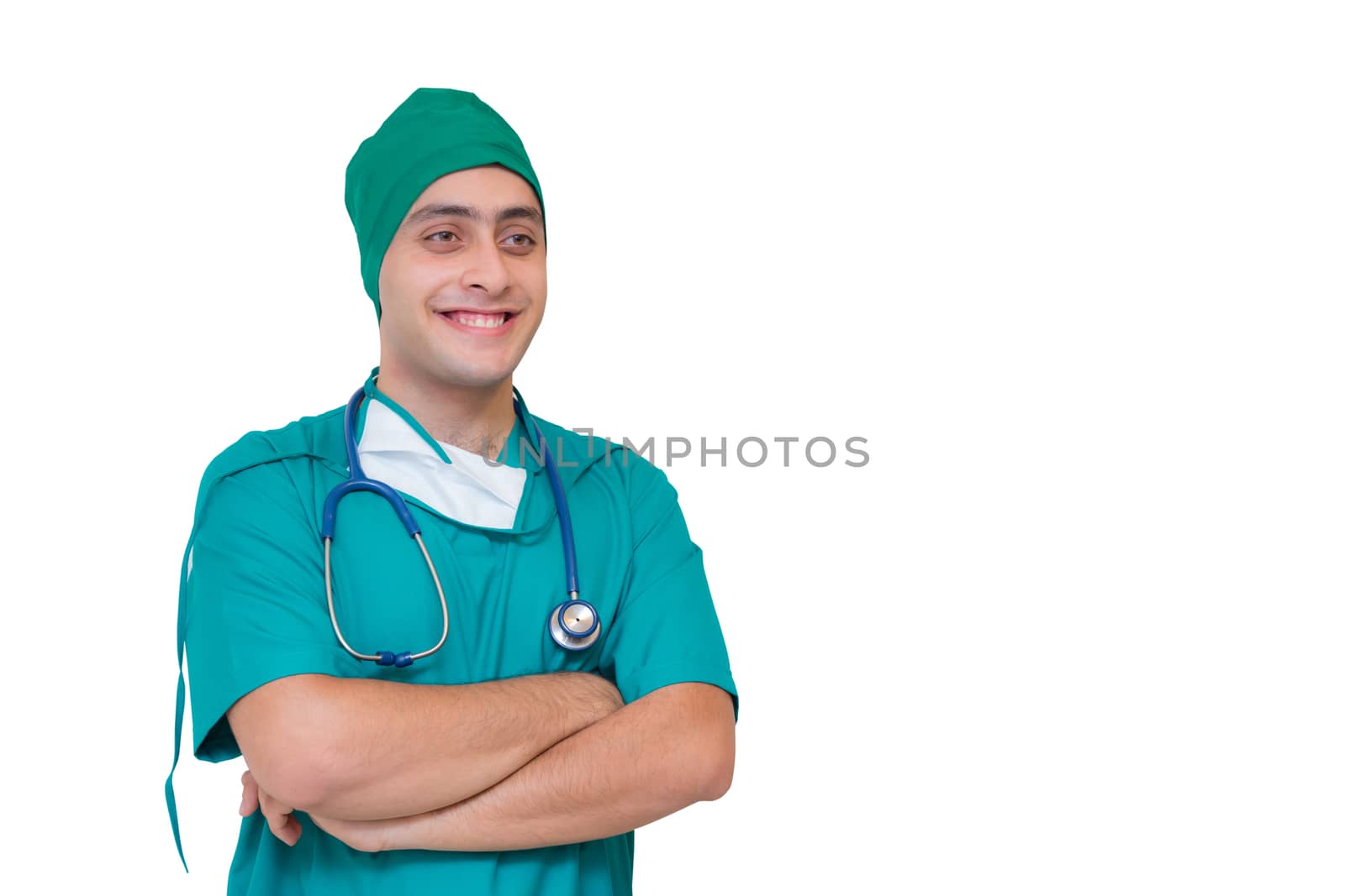 Portrait of a male surgeon - Isolated on white background - Smiling young doctor