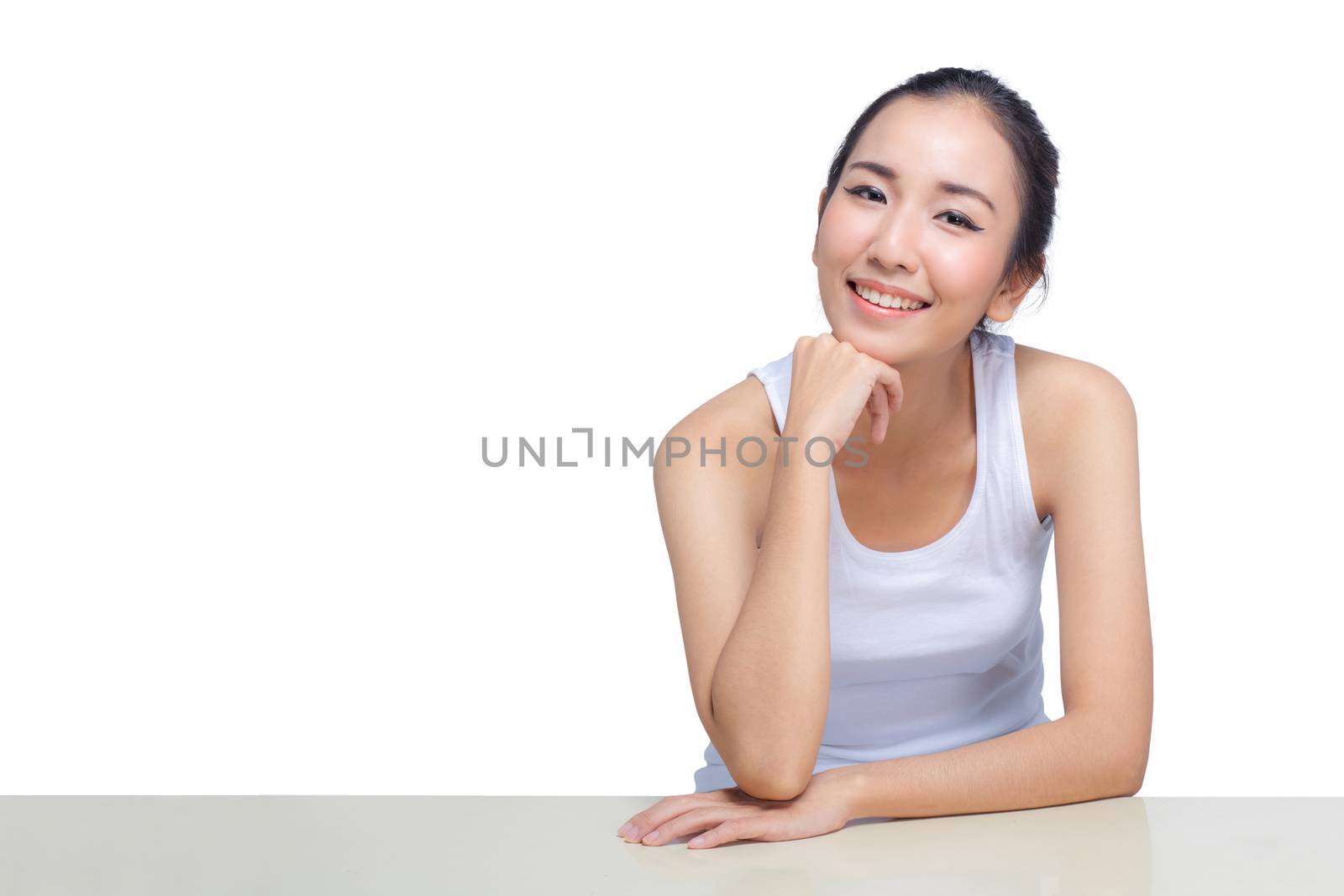 Portrait of smile woman with hands on chin. beauty concept by nnudoo