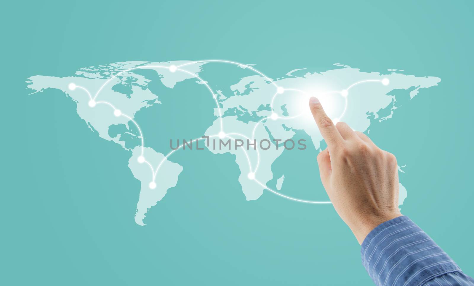 Man hand touching virtual screen isolated on white background