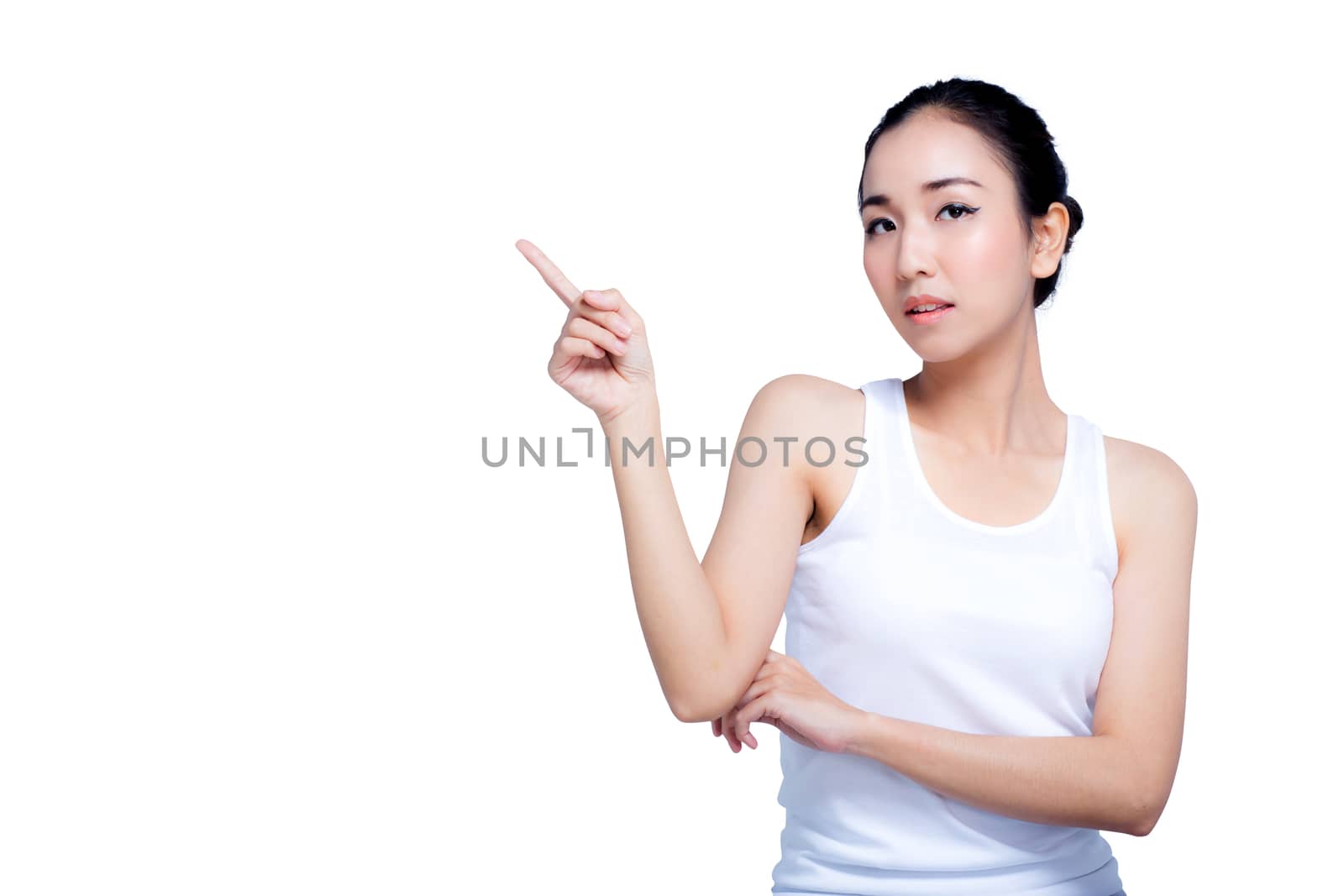 Beautiful young woman with healthy clean skin show something on her hand. Isolated on white. asian beauty