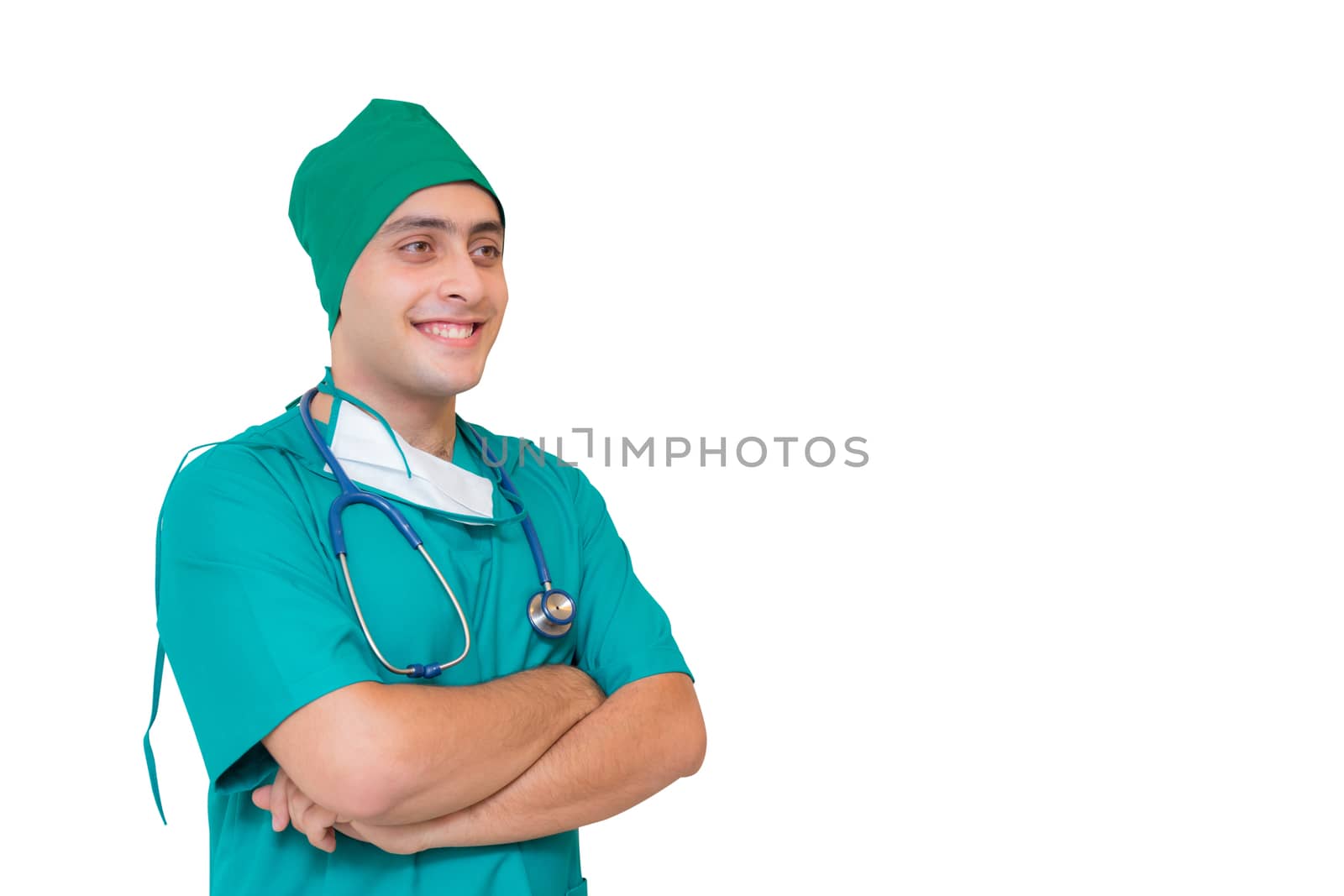 Portrait of a male surgeon - Isolated on white background - Smiling young doctor