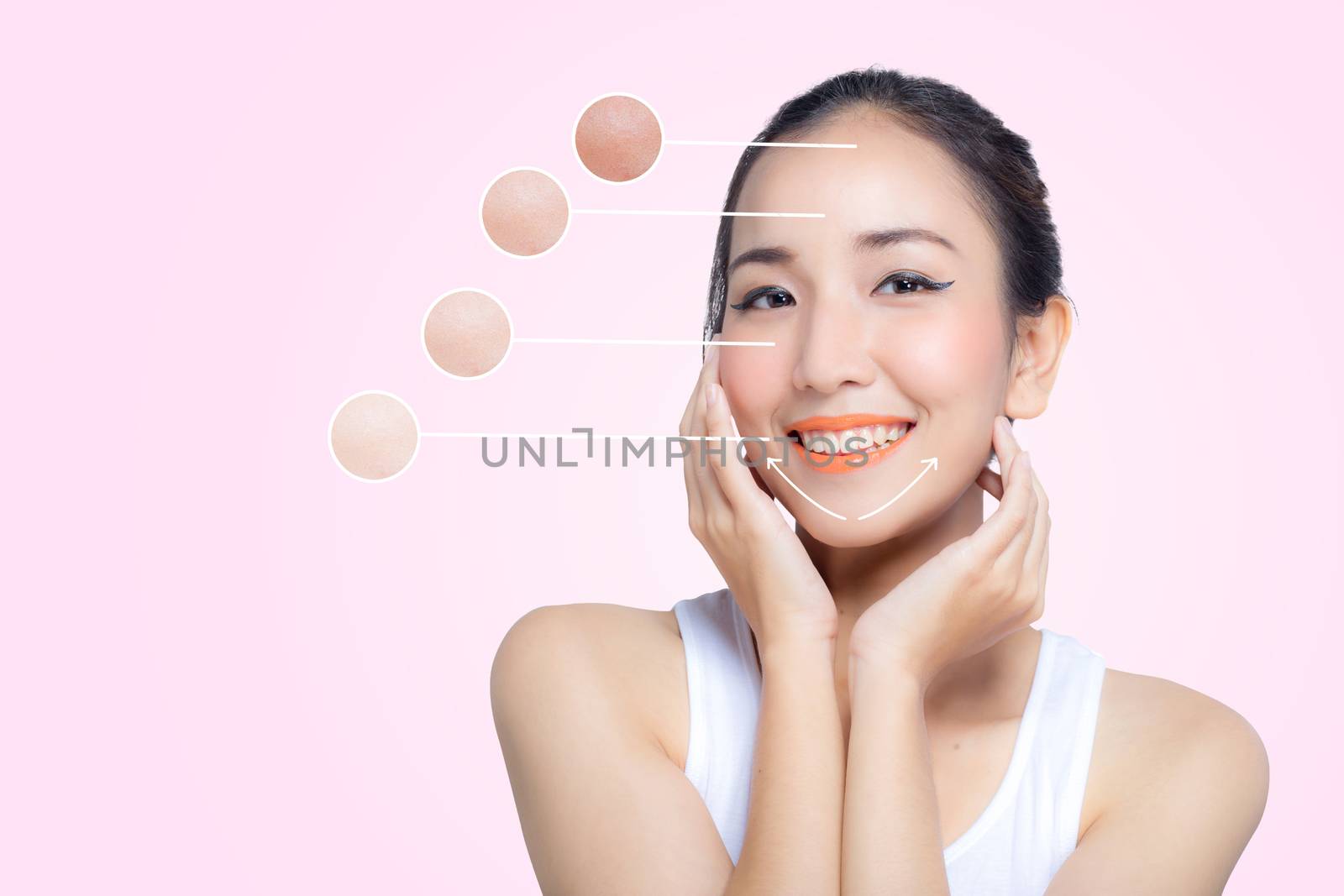 skincare and health concept - beautiful young woman face with bright over circles for advertising