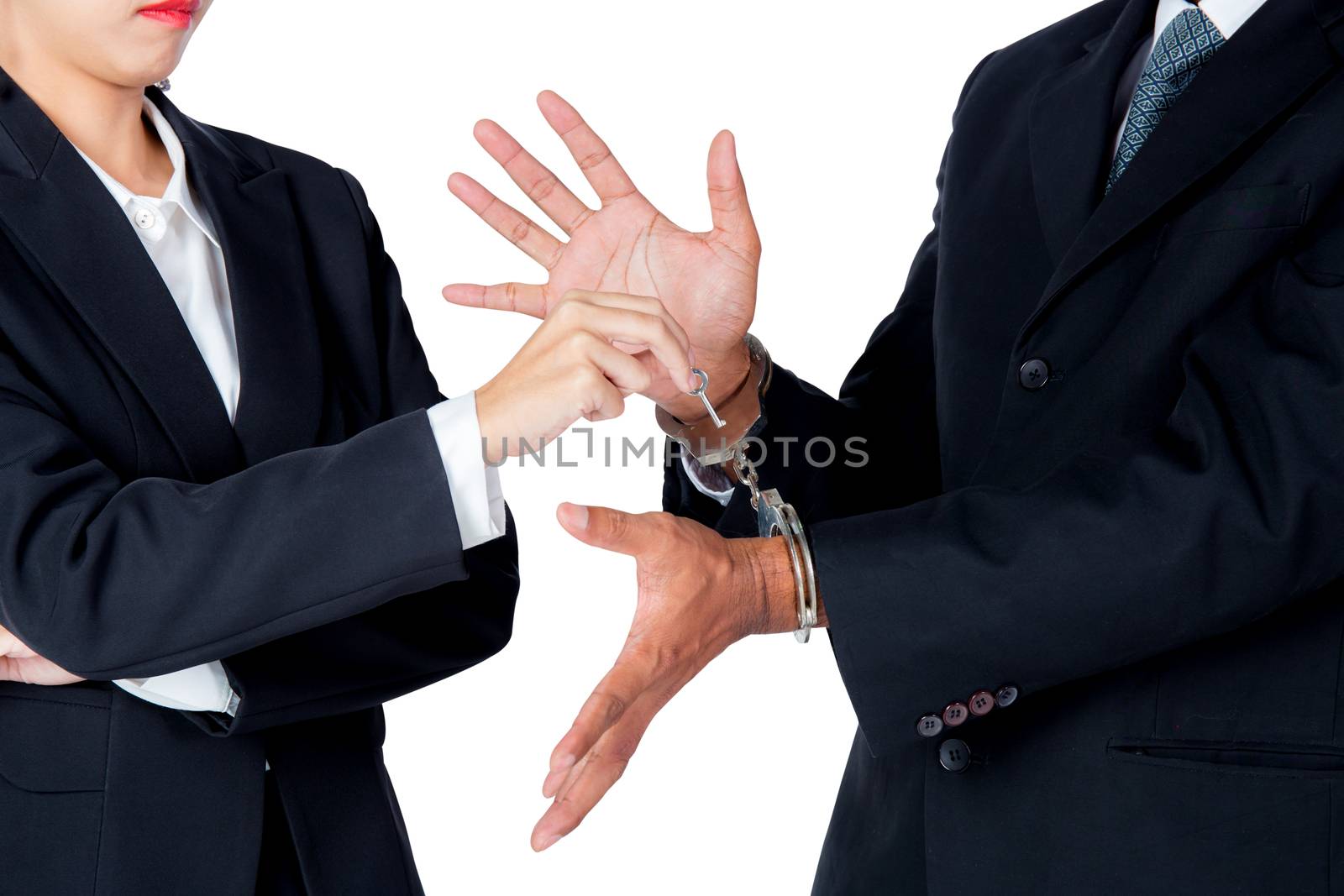 businessman in handcuffs and woman hand offering key solving bus by nnudoo