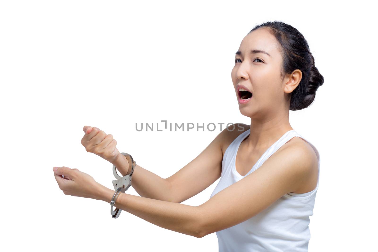 asia gesture afraid of woman with pure face and her hand in shackle.