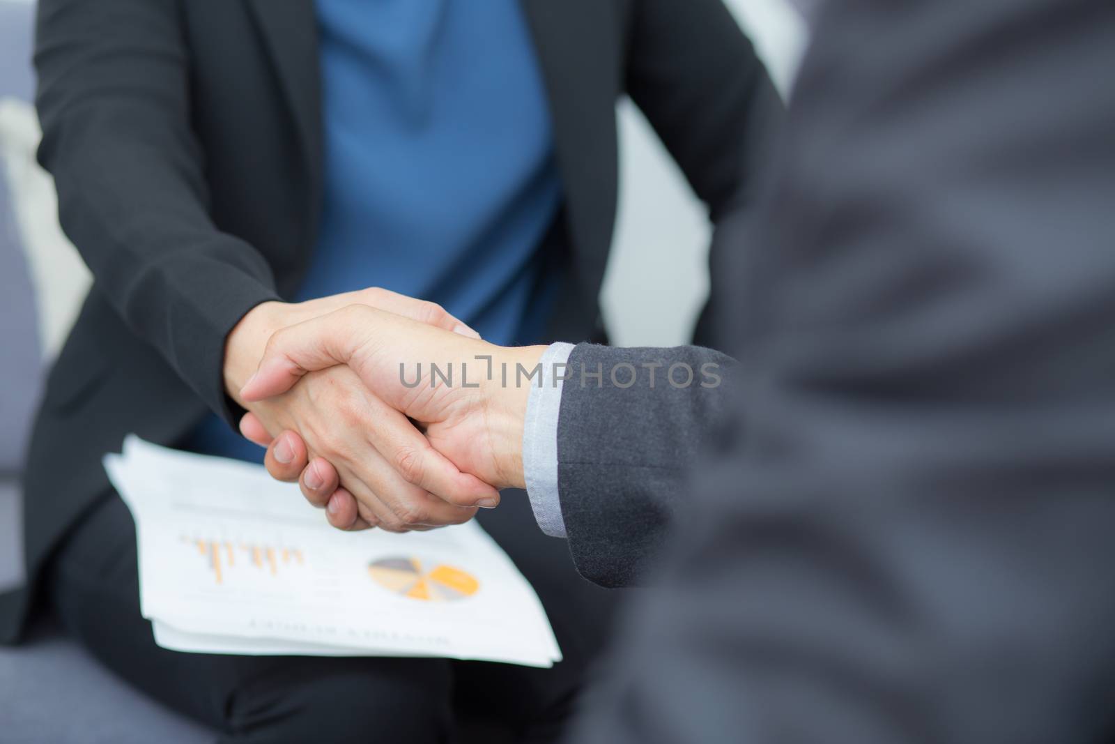 Closeup shot of a two business people shaking hands - Handshake Greeting Deal Concept.