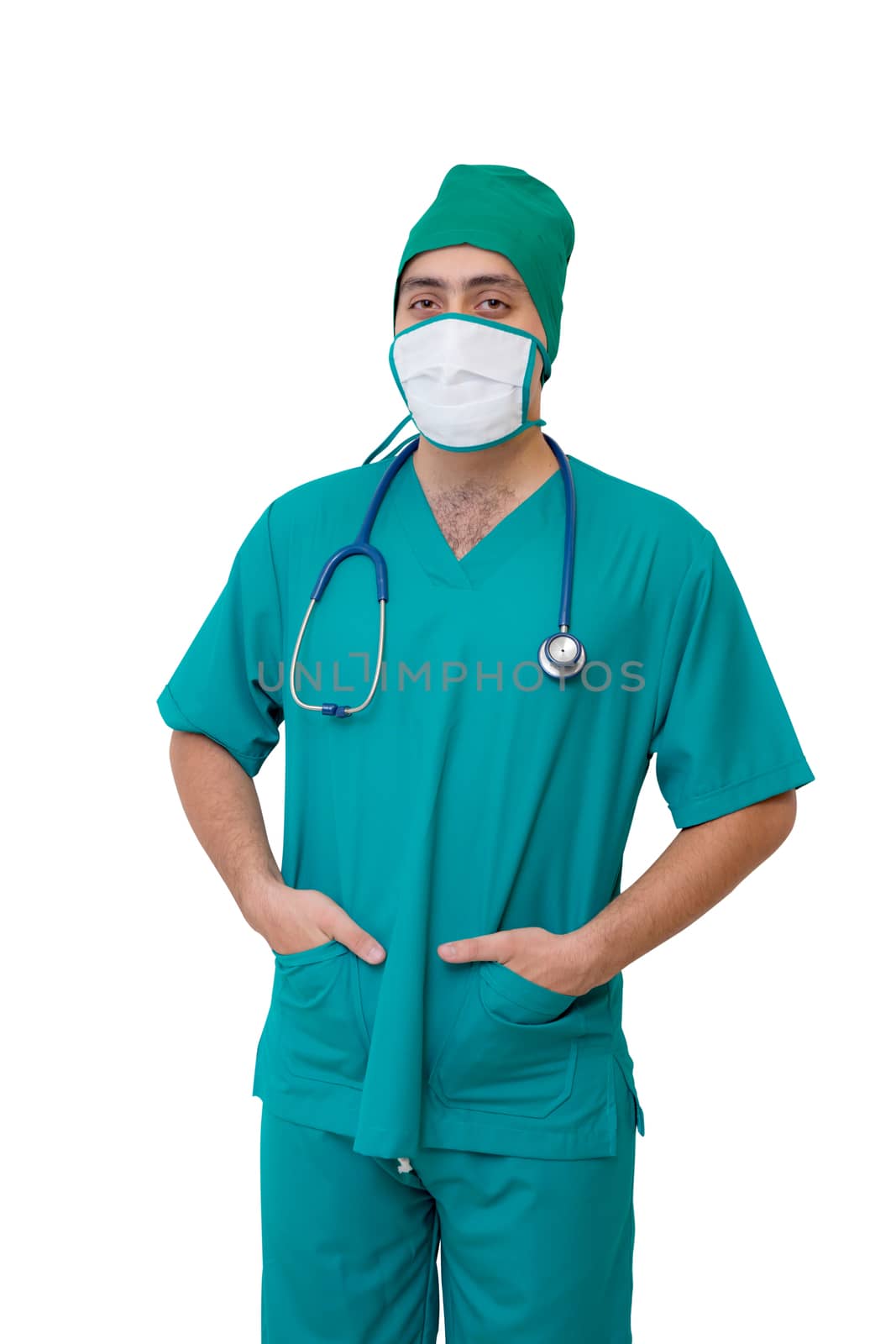 portrait of doctor in mask and green uniform isolated on white background by nnudoo