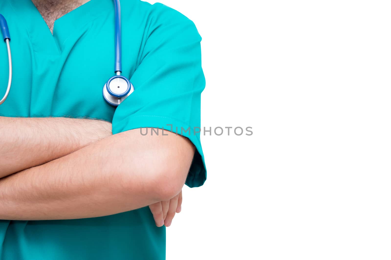 portrait of doctor green uniform isolated on white background