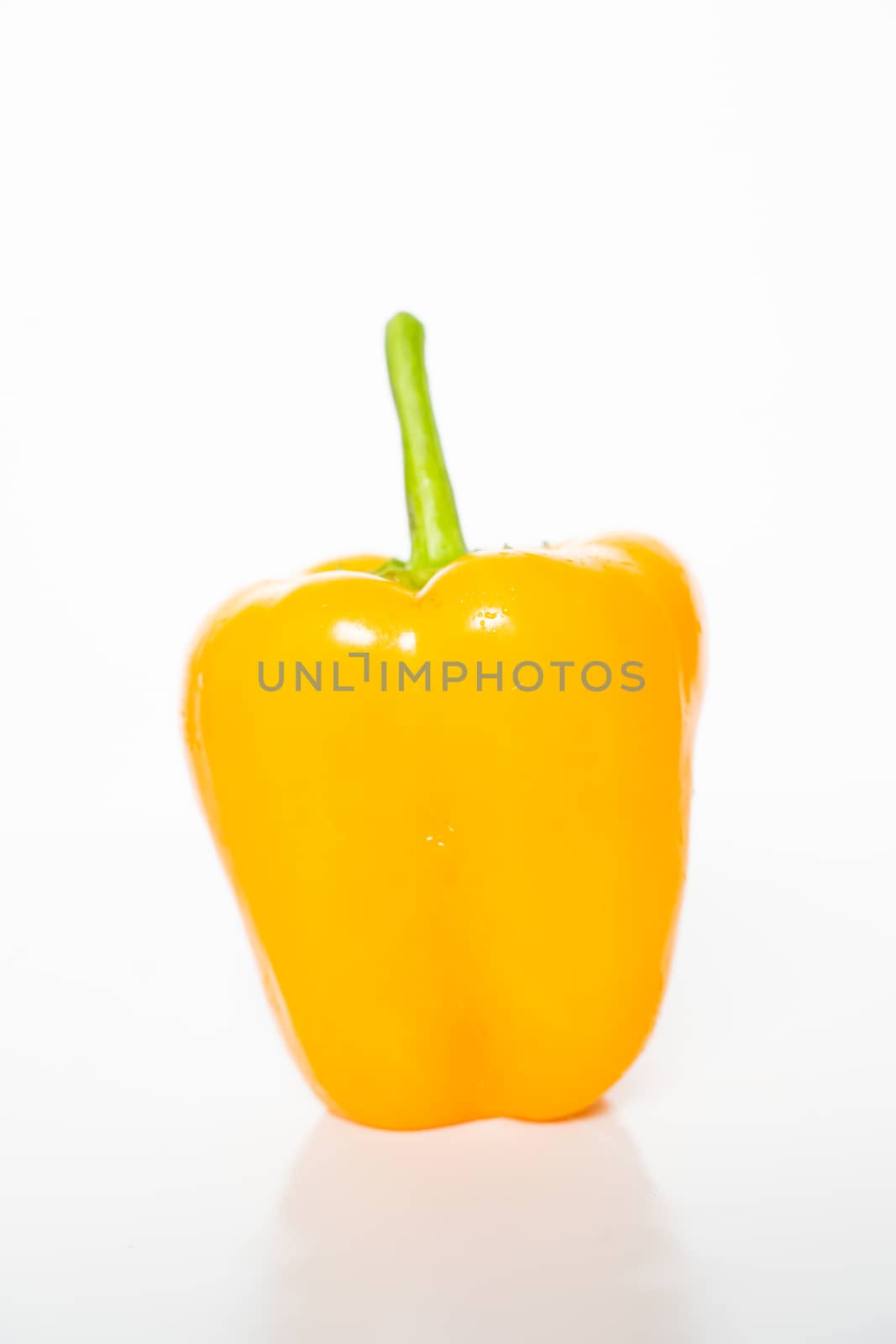 A whole yellow pepper against a plain whit background