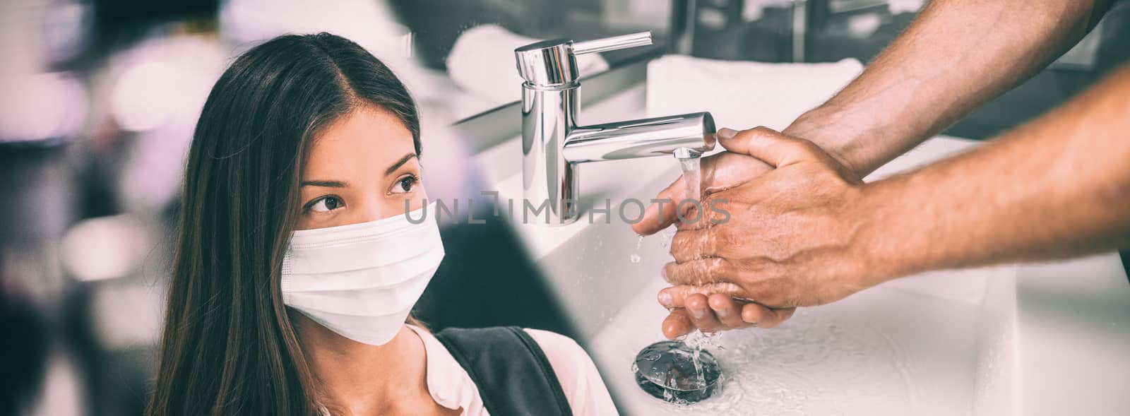 Coronavirus Wuhan China outbreak Asian chinese woman wearing face mask versus man washing hands in hot water rubbing in soap panoramic banner by Maridav