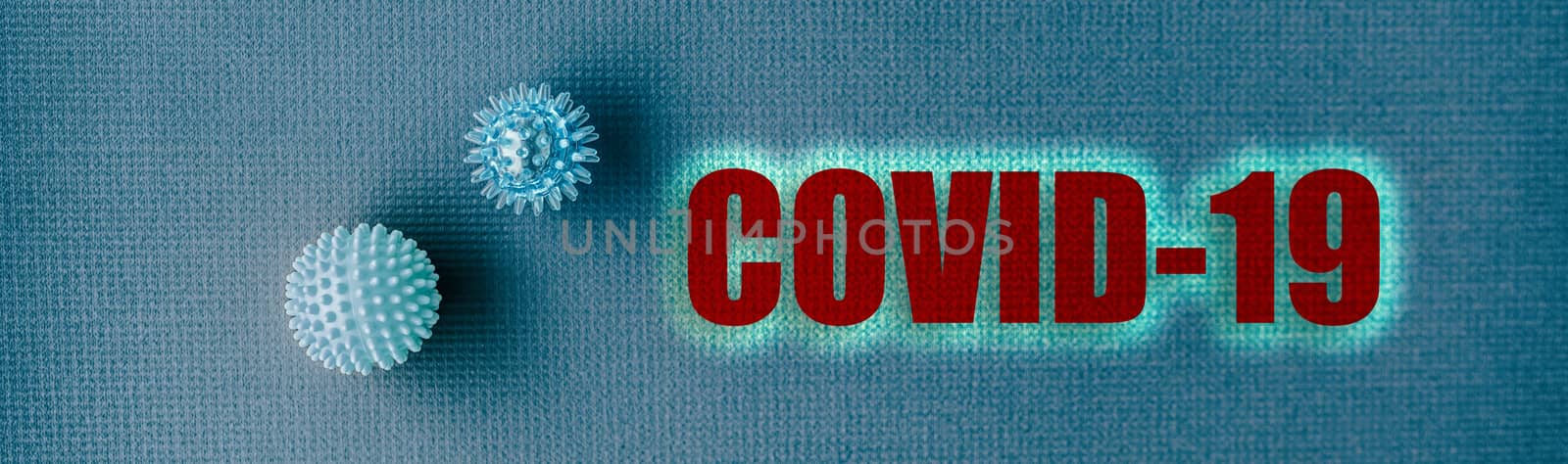 COVID-19 Coronavirus header background. Virus from Wuhan, China. panoramic banner of name text title with blue spheres concept.