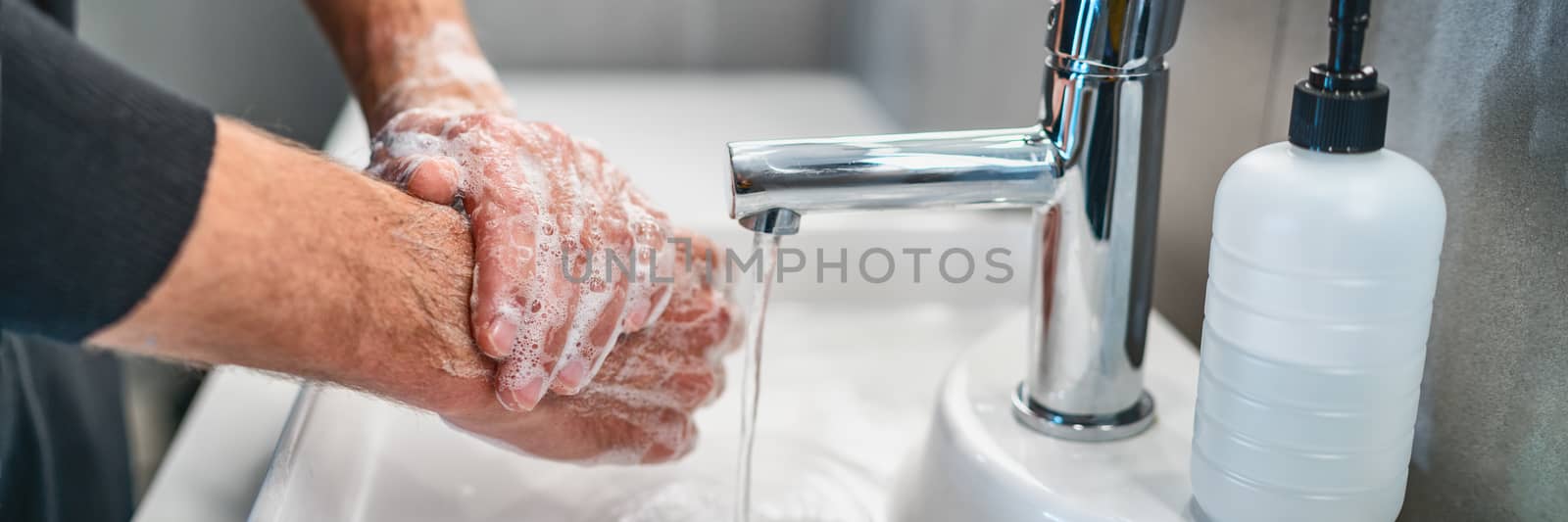 Corona virus travel prevention wash hands with soap and hot water. Hand hygiene for coronavirus outbreak. Protection by washing hands frequently concept panoramic banner header.