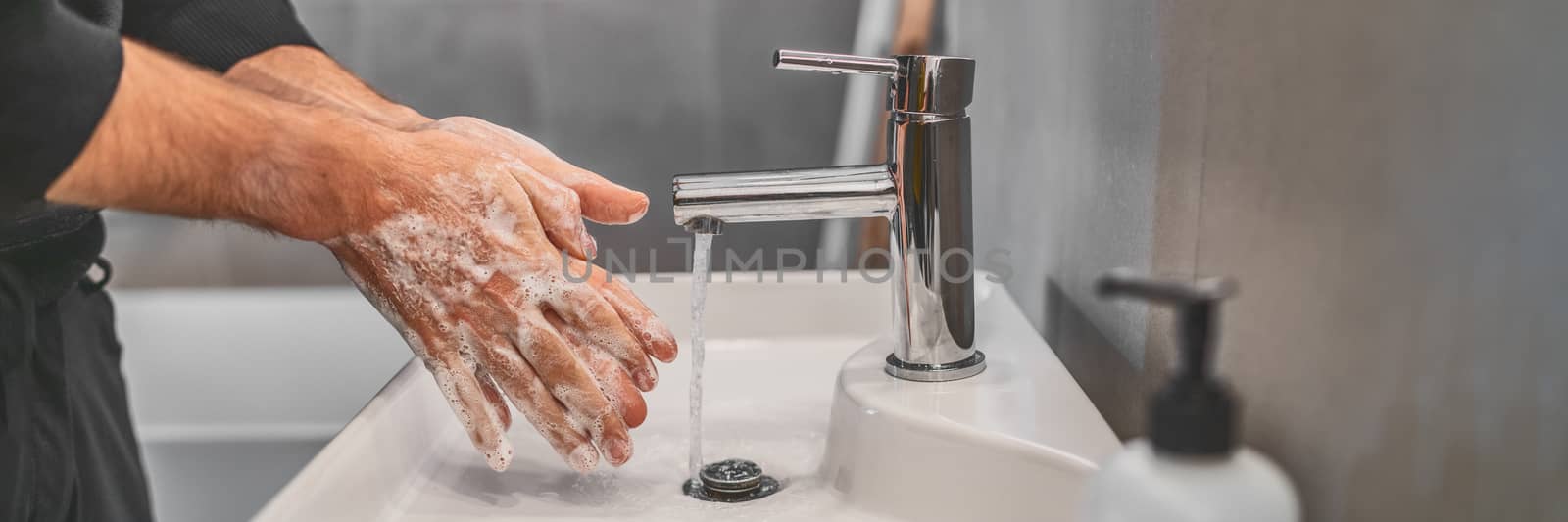 Corona virus travel prevention wash hands with soap and hot water. Hand hygiene for coronavirus outbreak. Protection by washing hands frequently concept panoramic banner header by Maridav