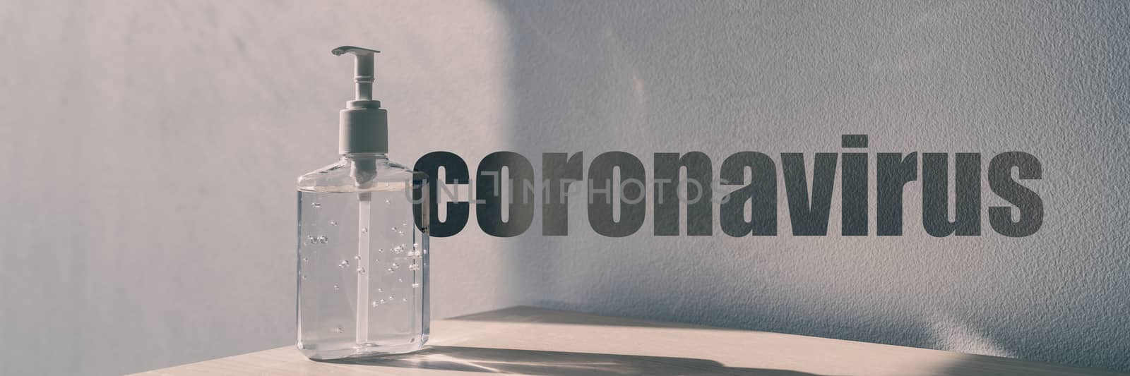 Coronavirus text title written on banner panoramic header background with hand sanitizer alcohol gel rub for cleaning hands - corona virus prevention by Maridav