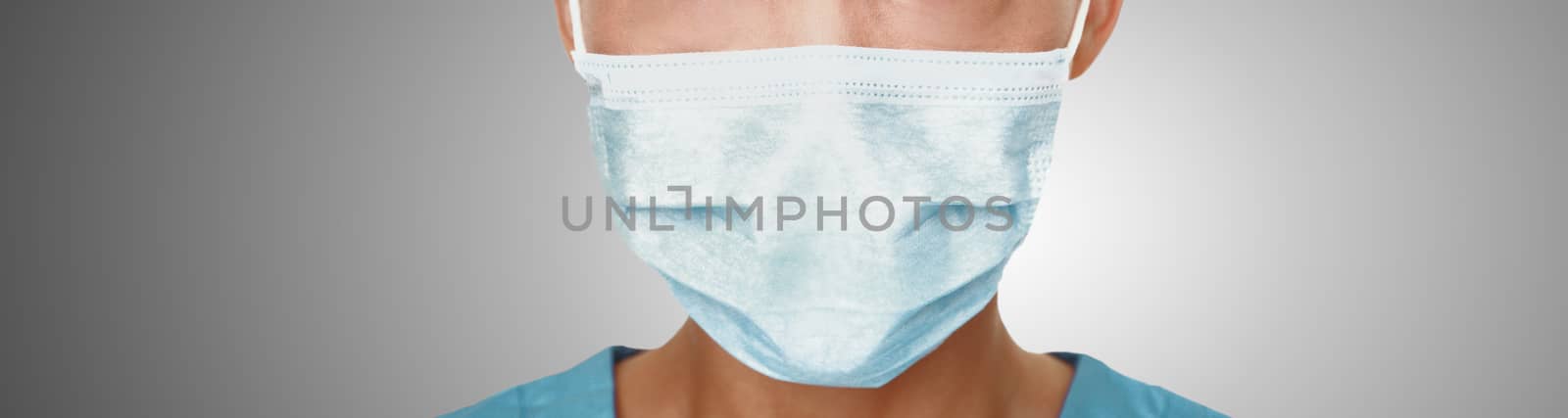 Coronavirus surgical mask doctor wearing face protective mask against corona virus banner panoramic medical professional preventive gear.