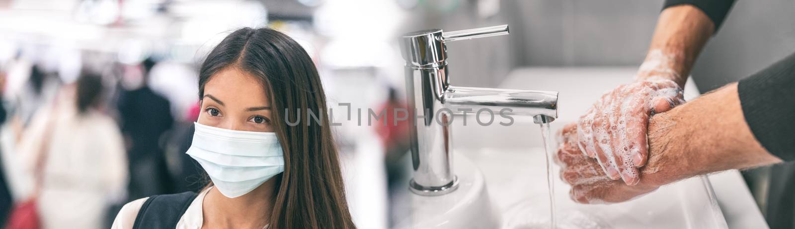 Coronavirus virus spreading prevention Asian chinese woman wearing face mask versus man washing hands in hot water rubbing in soap panoramic banner by Maridav