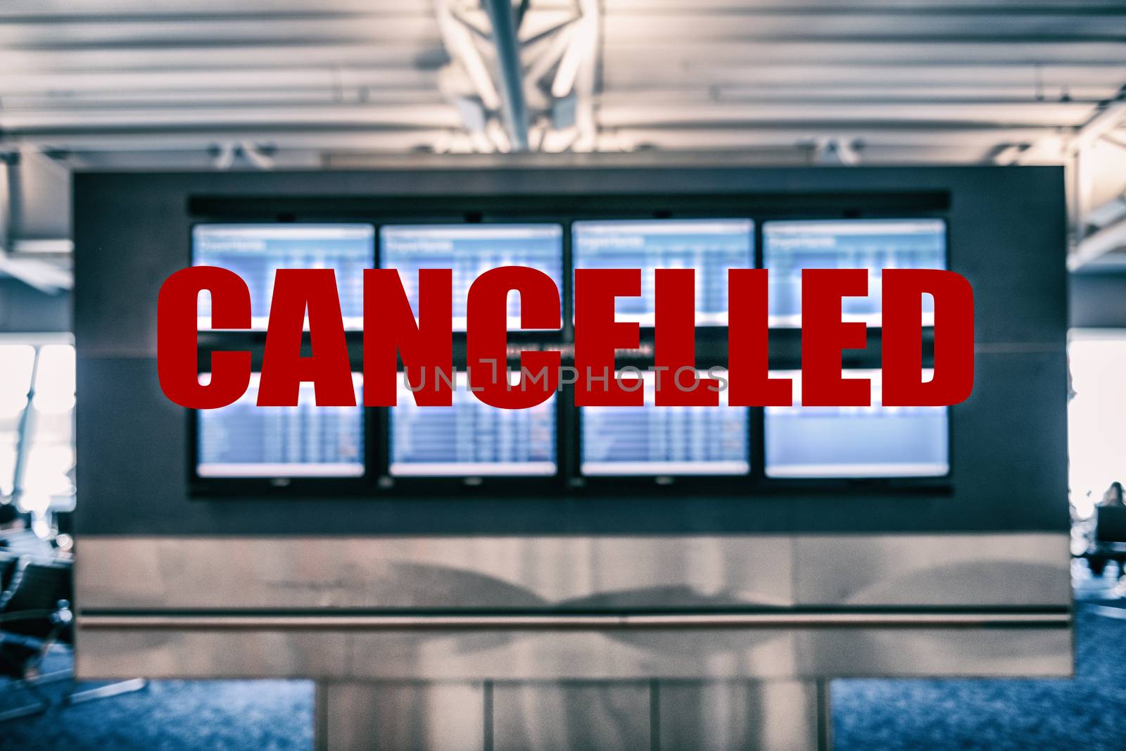 Canceled flights from China in Europe airports. Travel vacations cancelled for fear of spreading coronavirus Airport terminal screens showing departures and arrivals of planes with title in red by Maridav