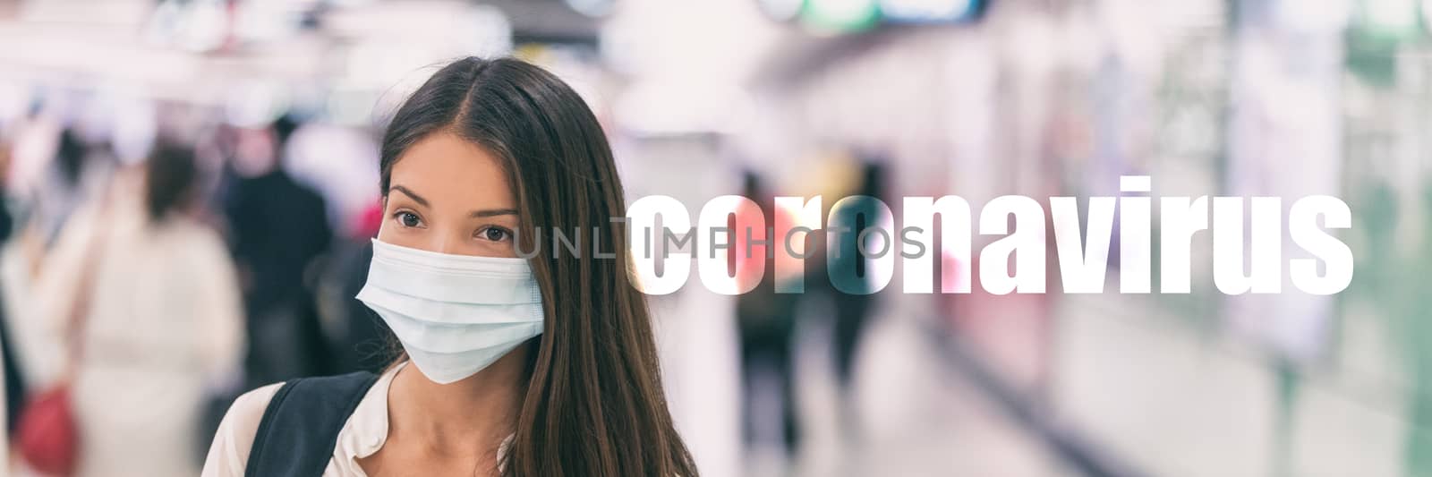 Coronavirus Asian woman wearing flu virus mask prevention with text on banner.