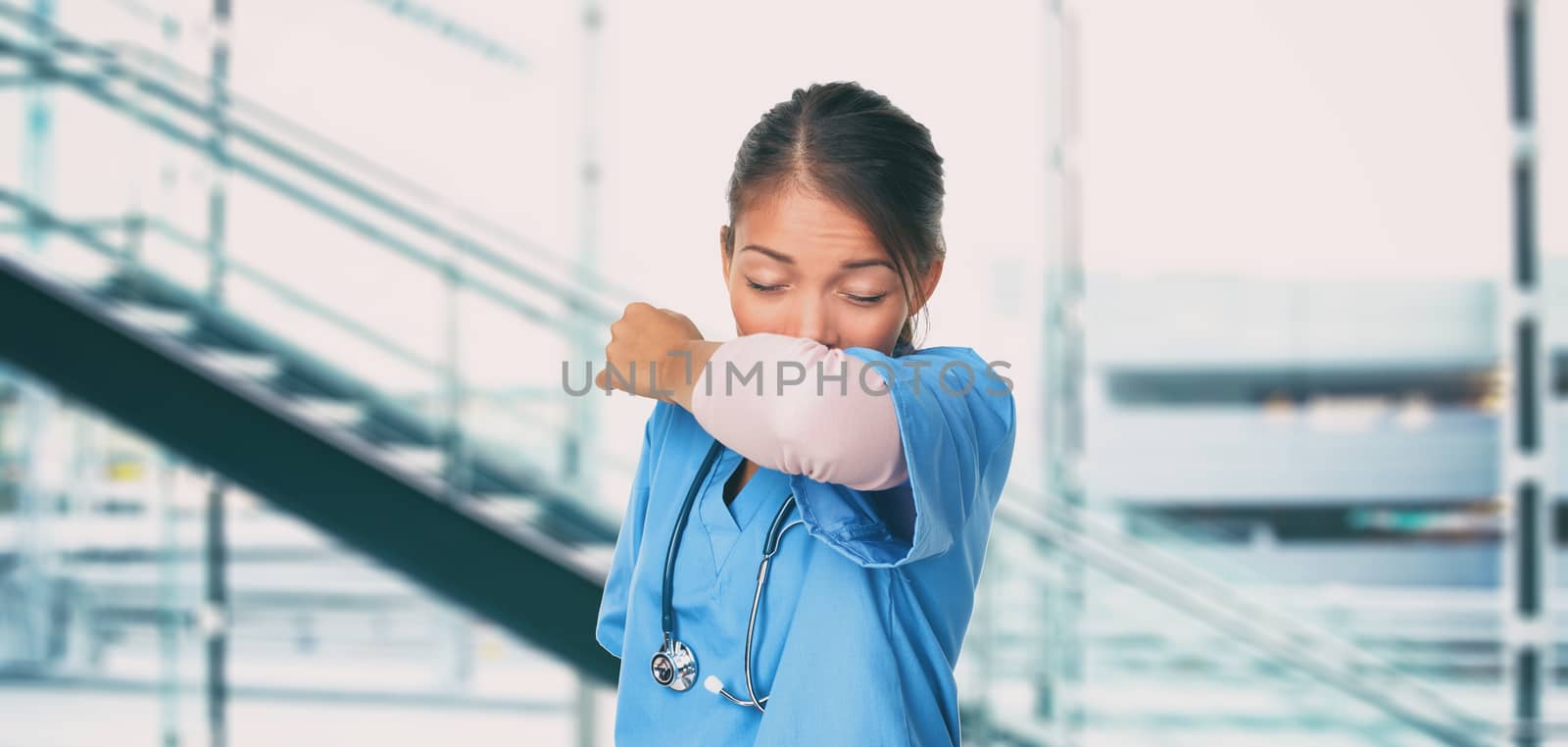 Novel Coronavirus 2019-nCoV Wuhan chinese hospital nurse or Asian doctor woman worker sneezing into arm covering mouth and nose while coughing flu. Virus protection prevention panoramic banner by Maridav