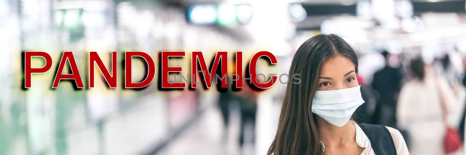 Coronavirus PANDEMIC banner header of Asian woman walking in public transport crowd, airport, subway, work, wearing flu virus mask prevention with text on panoramic background for title. by Maridav