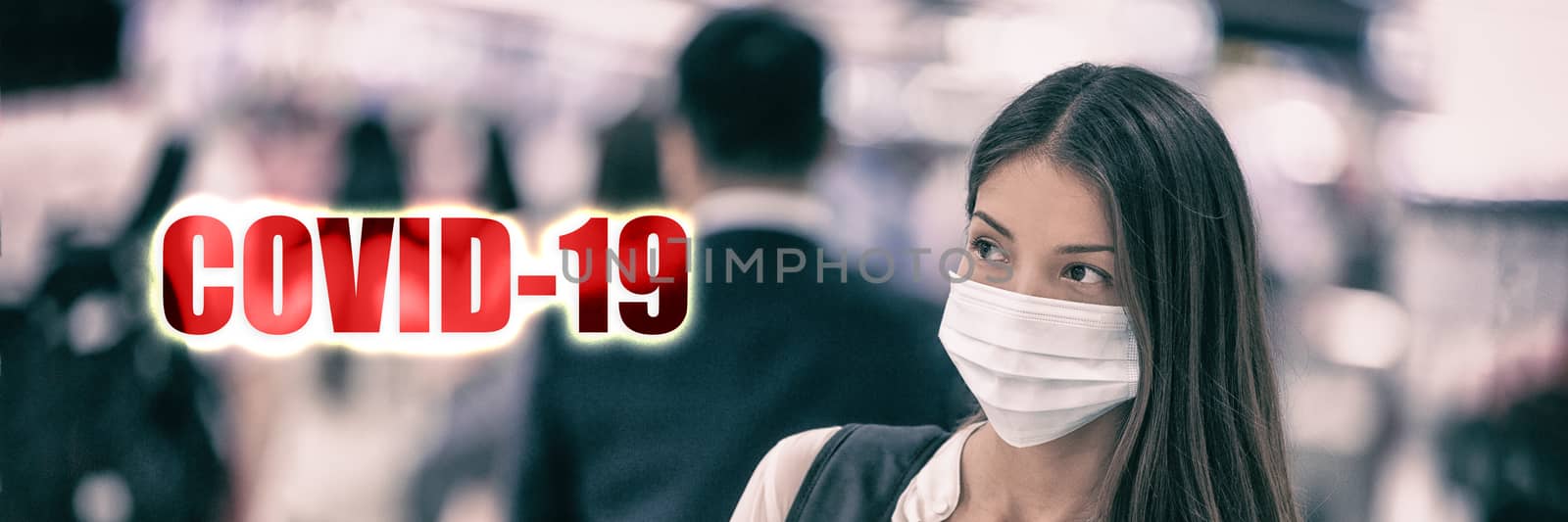 COVID-19 2019-novel coronavirus (2019-nCoV) virus infection Wuhan, China. Asian woman wearing surgical mask as prevention text header banner crop. Chinese people working at hospital panoramic by Maridav