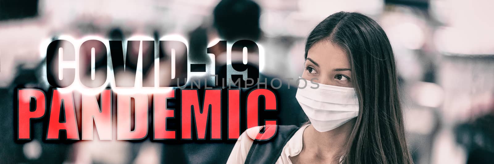 COVID-19 PANDEMIC coronavirus text on travel people tourists banner background. Header 2019 novel corona virus from Wuhan, China. Asian woman wearing surgical mask prevention crop walking in crowd by Maridav