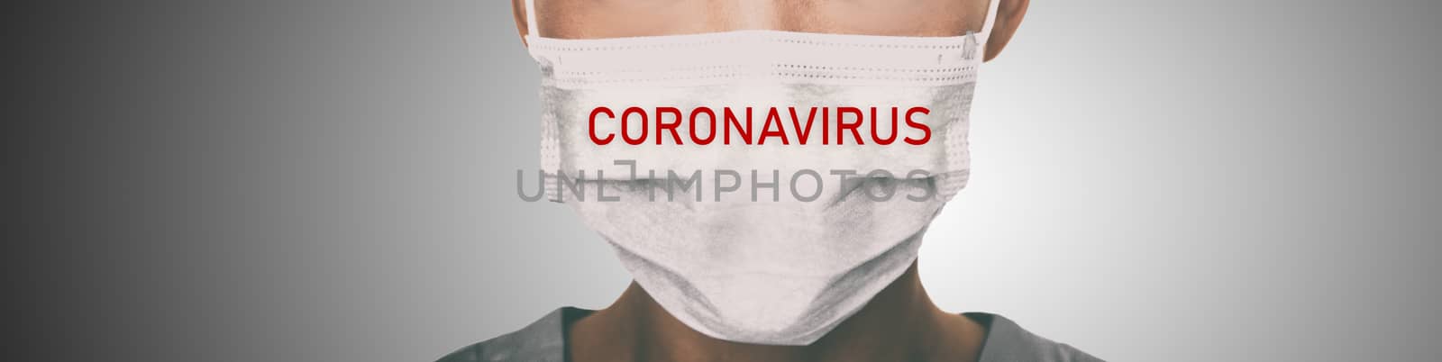 Coronavirus prevention panoramic banner doctor wearing surgical face mask against coronavirus. Panorama of medical staff people by Maridav