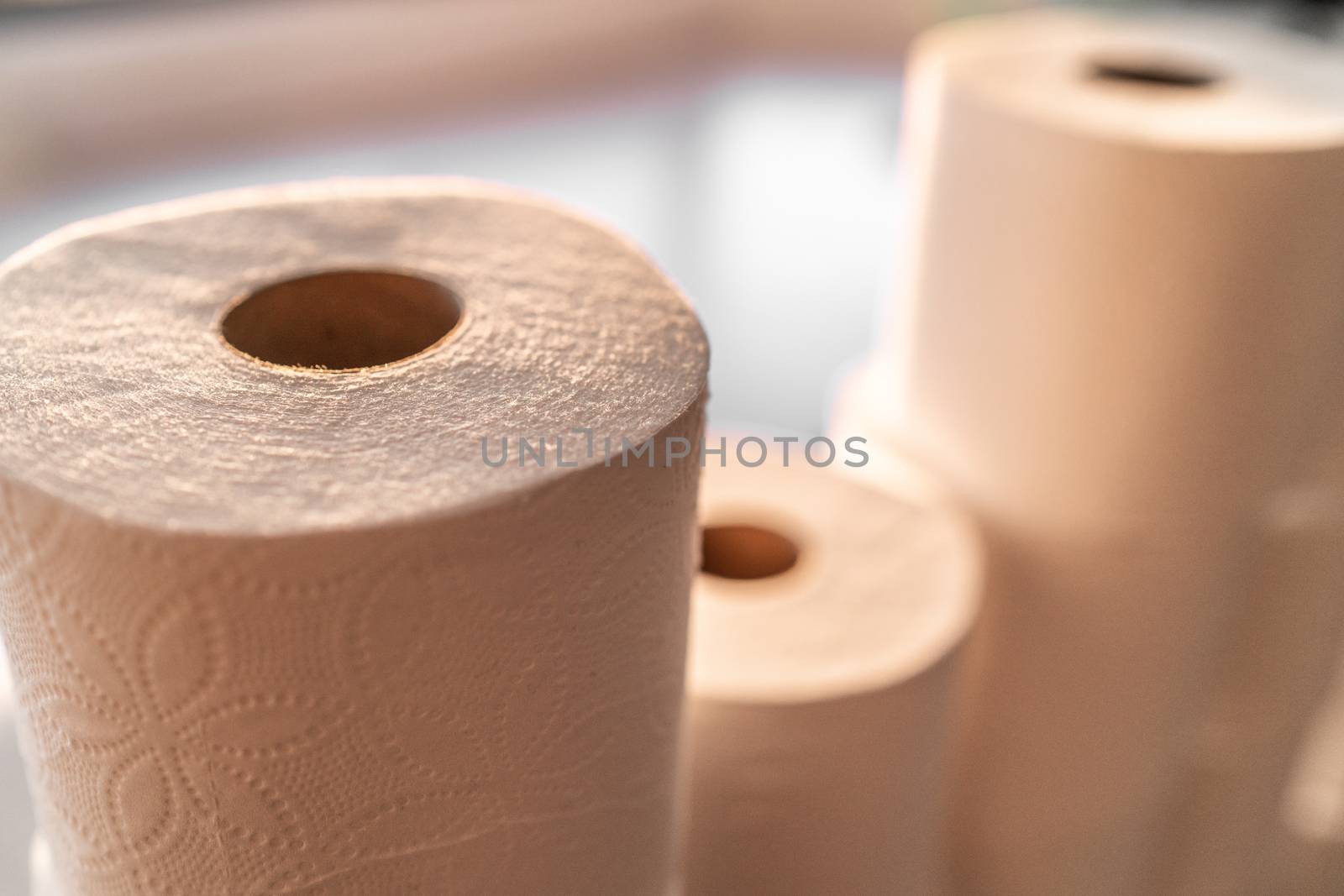 Toilet paper rolls bathroom tissue hoarding on store shelf by Maridav