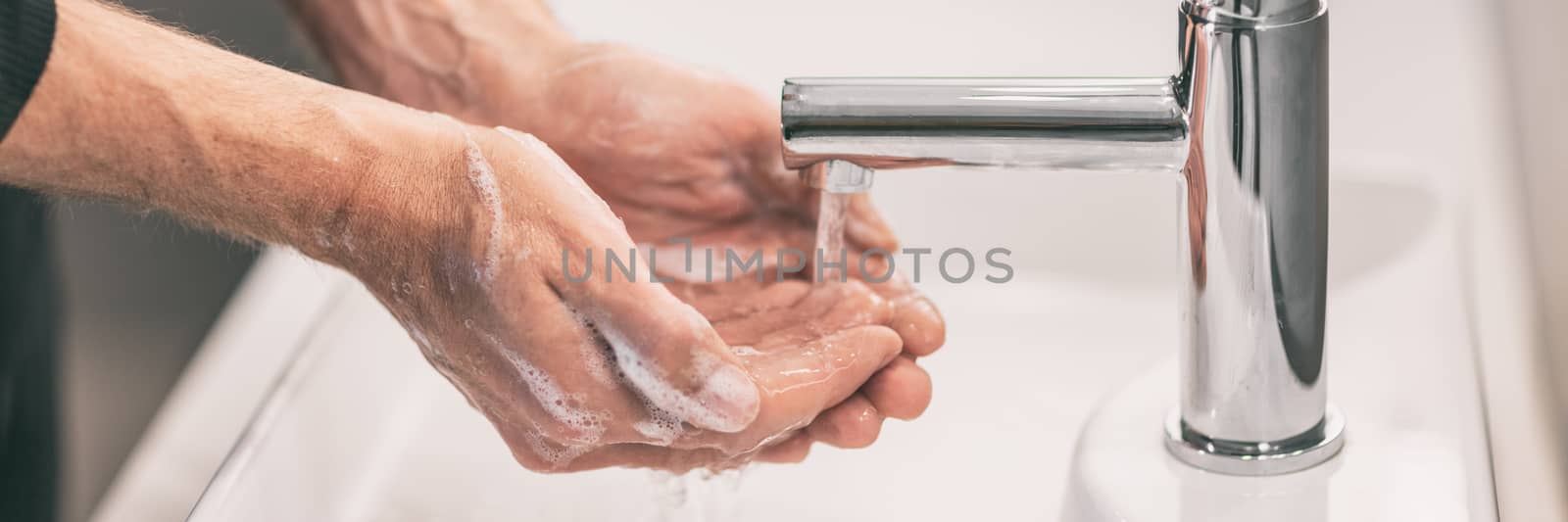 Corona virus travel prevention wash hands with soap and hot water. Hand hygiene for coronavirus outbreak. Protection by washing hands frequently concept panoramic banner header by Maridav