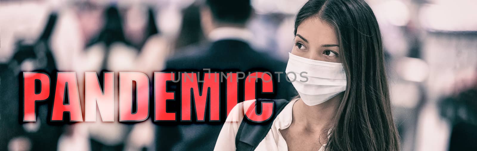 PANDEMIC coronavirus COVID-19 text on travel chinese woman walking in airport travel banner background. Header 2019 novel corona virus Wuhan, China. Asian people crowd wearing mask prevention walking by Maridav