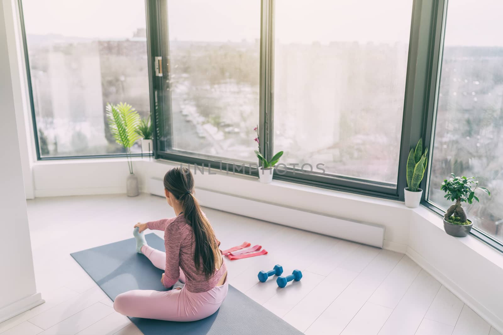Home fitness yoga workout woman exercising at home stretching legs warm up training. Fit girl working out in morning sunlight in living room of apartment house.