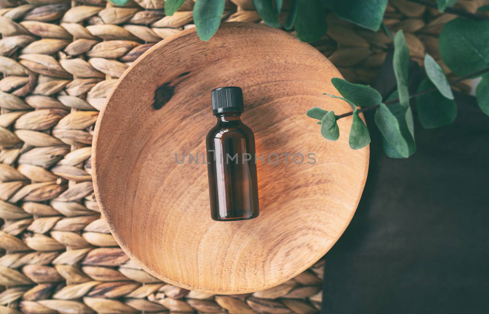 Top view of essential oil bottle of natural eucalyptus oils.