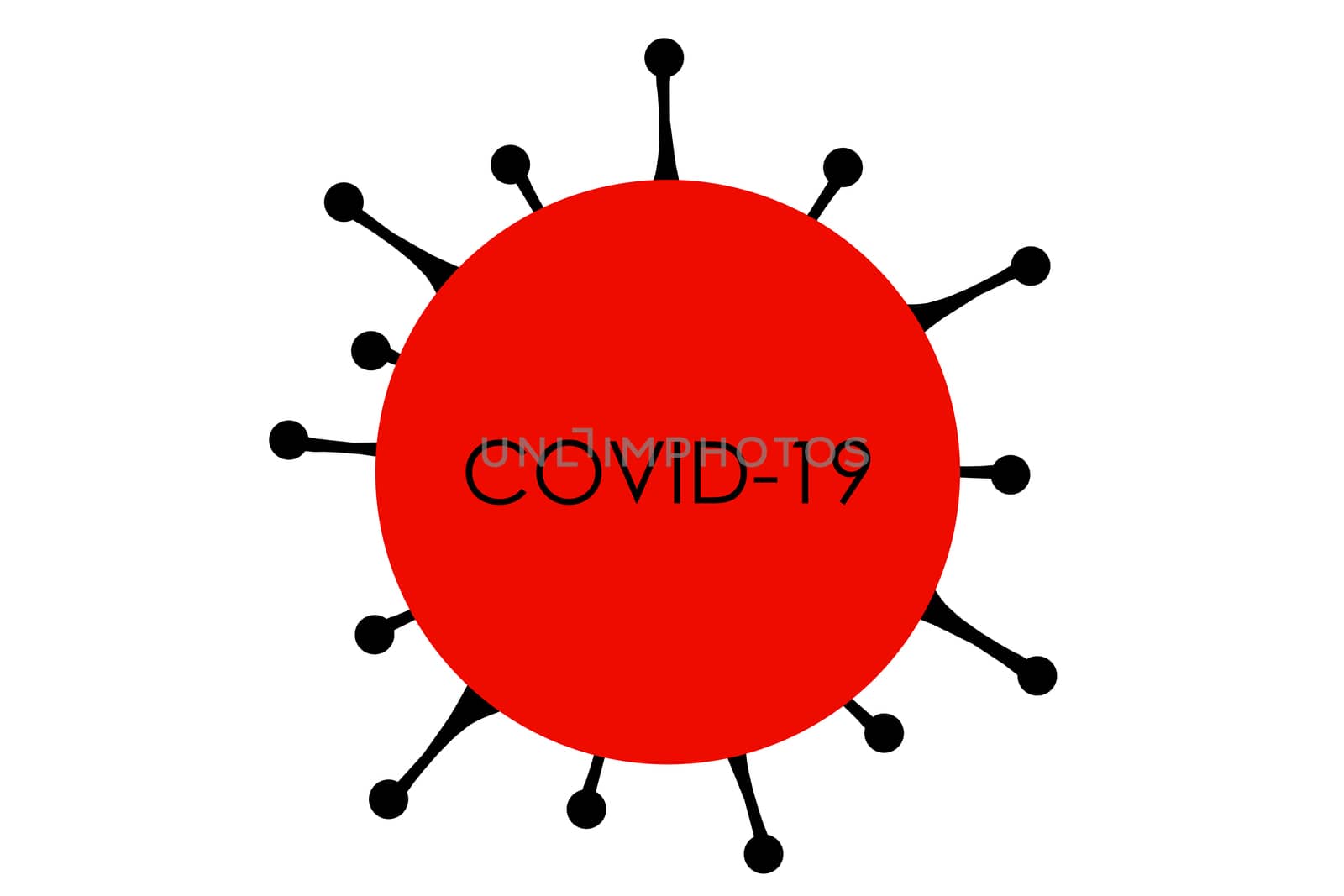COVID-19 Coronavirus graphic design of corona virus model illustration on white background with text title in center of red sphere.