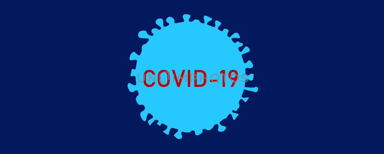 COVID-19 Coronavirus graphic design of corona virus drawing on blue medical background panoramic banner with text title.
