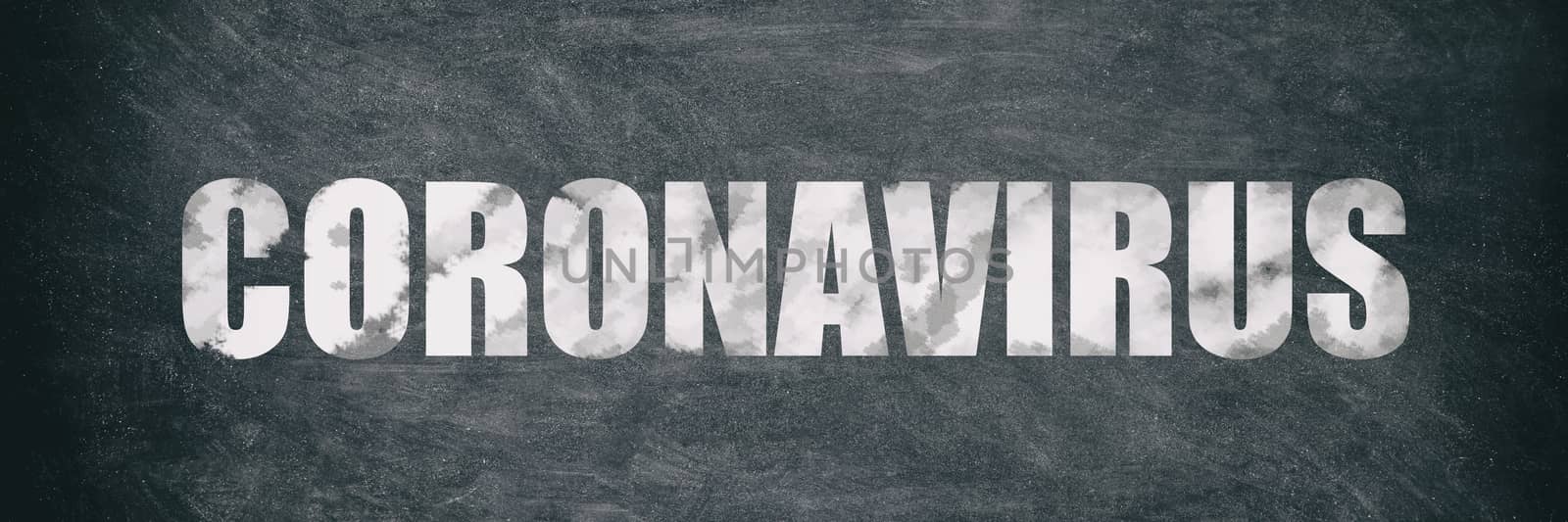 Coronavirus COVID-19 white text on blackboard chalkboard texture banner background. Graphic design of corona virus drawing panoramic with text title by Maridav