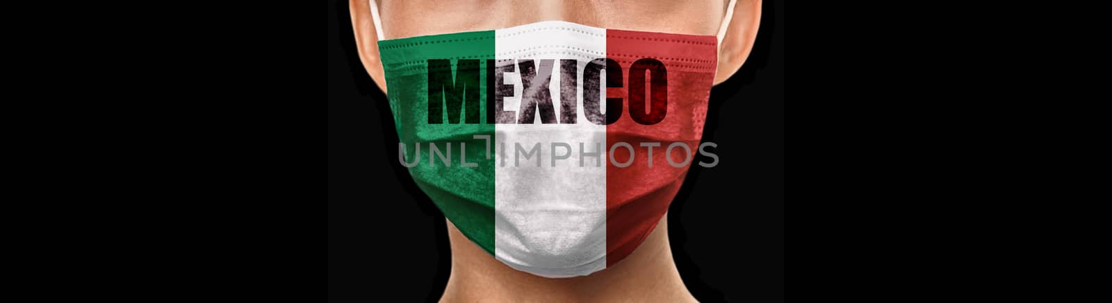 Mexico flag Coronavirus design on mask doctor wearing preventive COVID-19 protection with text panoramic banner black background by Maridav