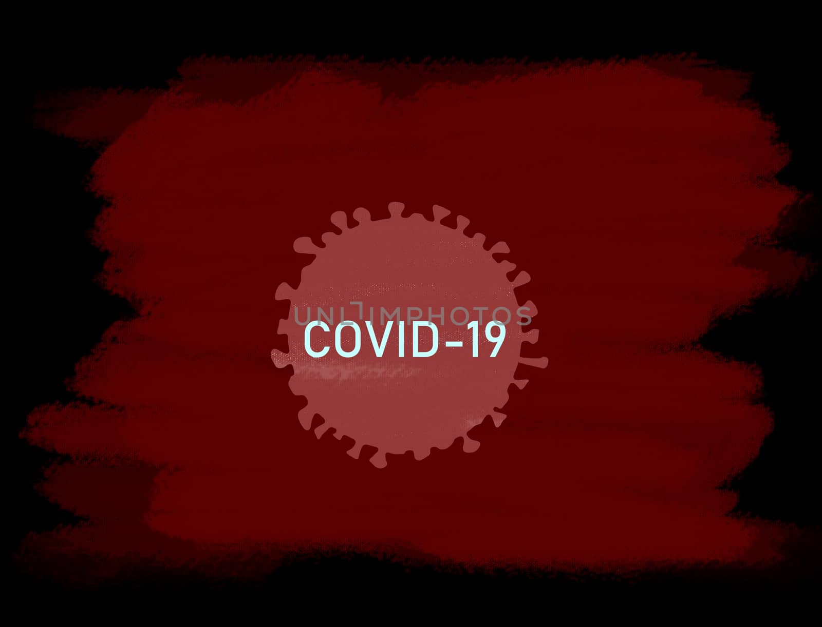 COVID-19 Coronavirus graphic design of corona virus model strain cell drawing on red black blackboard chalk background with text title.