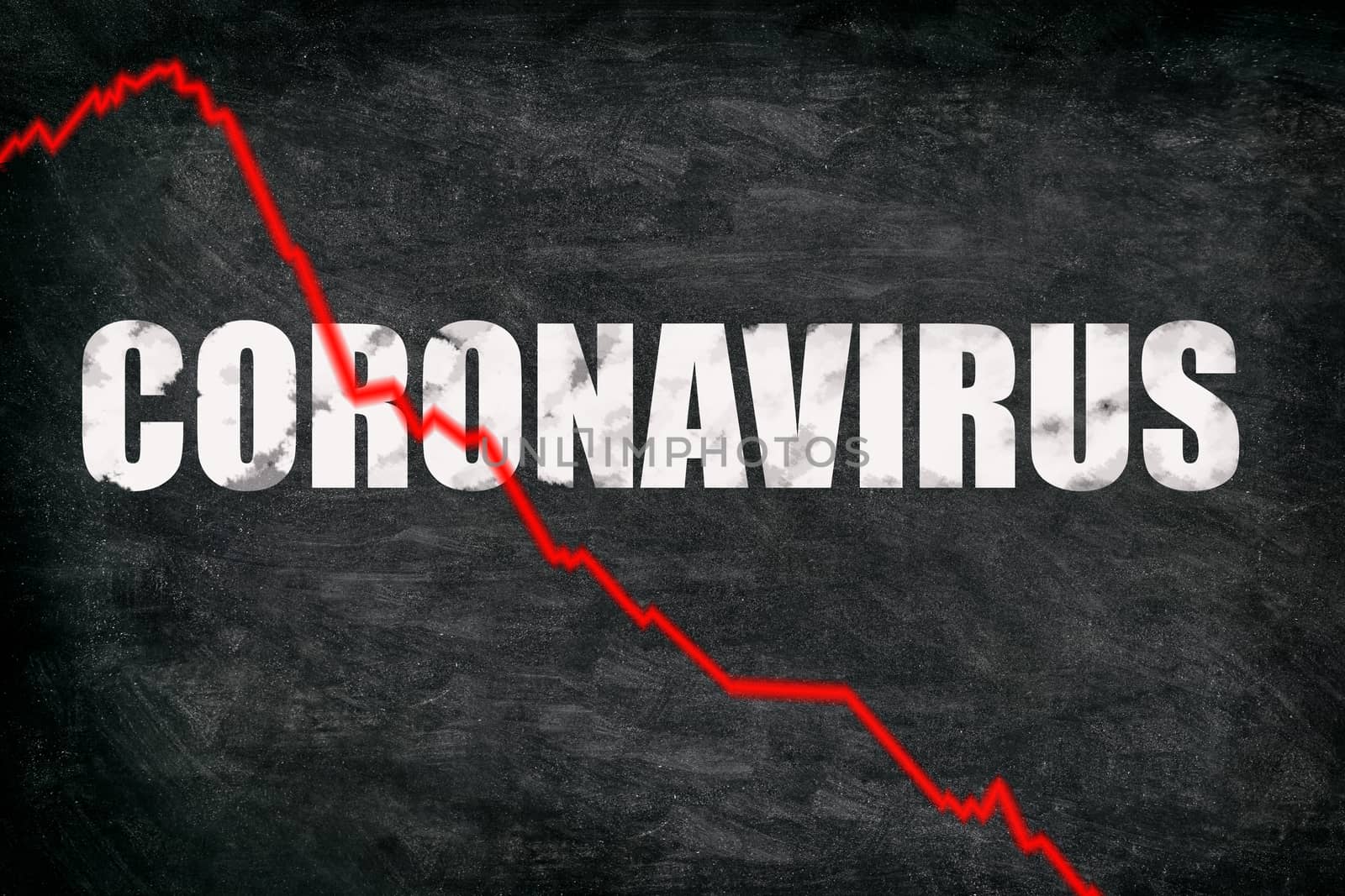 Coronavirus stock market crashing. Corona virus crash causing new financial crisis and bear market recession and economic downturn. Negative graph of stocks on black blackboard billboard.