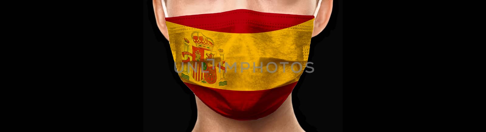 Spain flag doctor mask banner background for COVID-19 Coronavirus concept. Isolated on black by Maridav