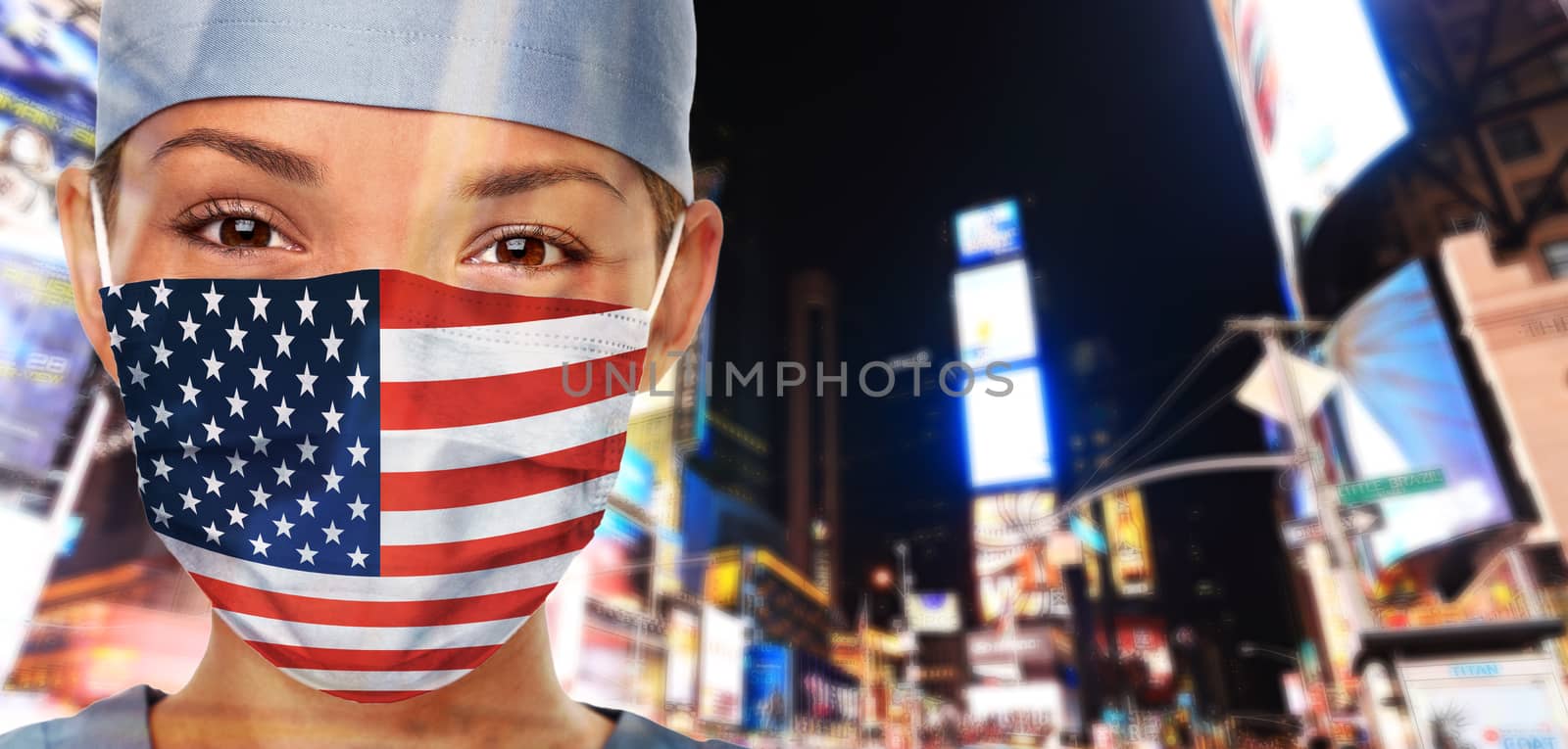 USA Coronavirus outbreak COVID-19 American Asian woman wearing mask in the United States of America flag print on doctor's mask smiling in confidence giving hope . New York City.