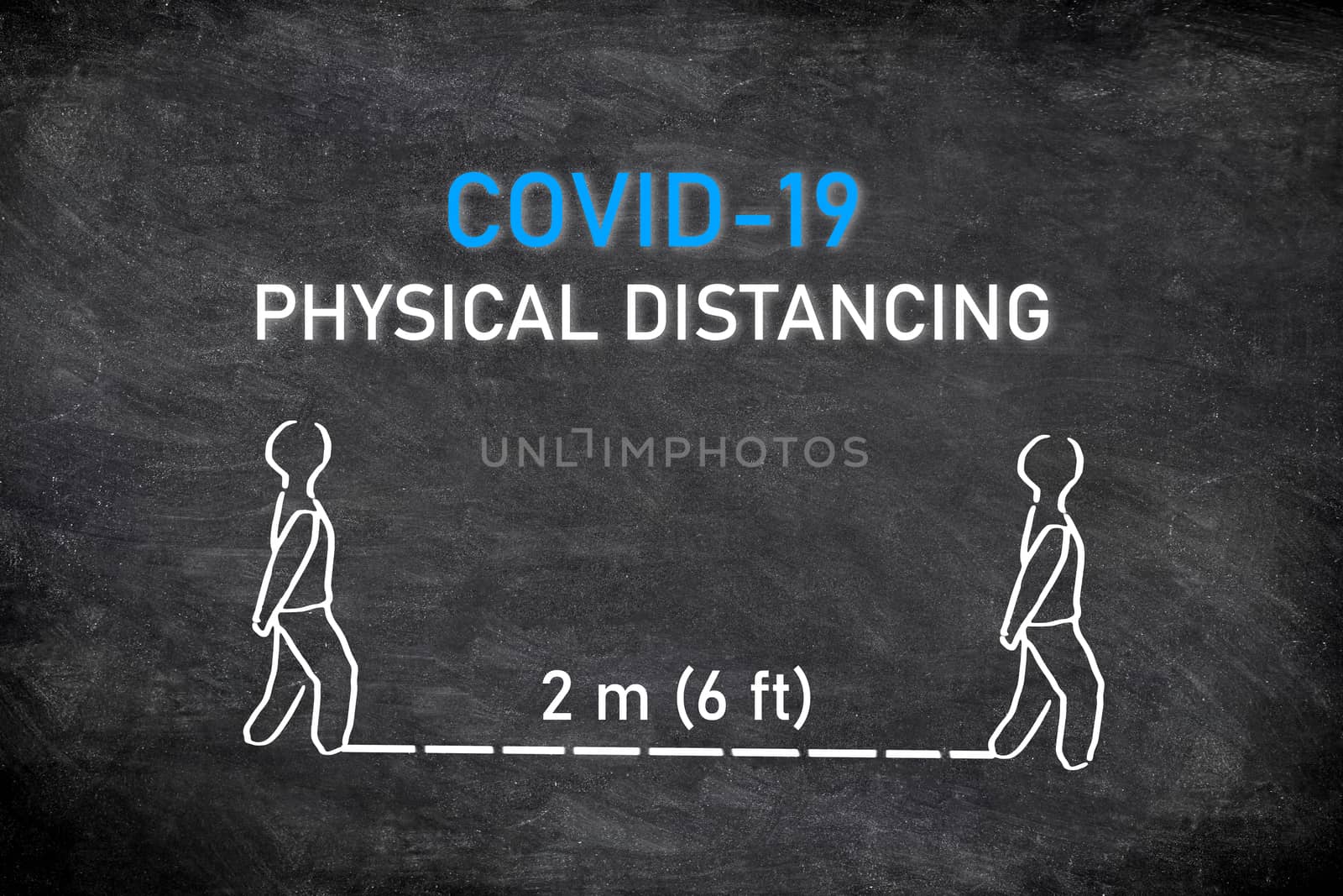 COVID-19 PHYSICAL DISTANCING instruction blackboard illustration. Maintain a distance of two meters or 6 feet between each person waiting in line at store or hospital.