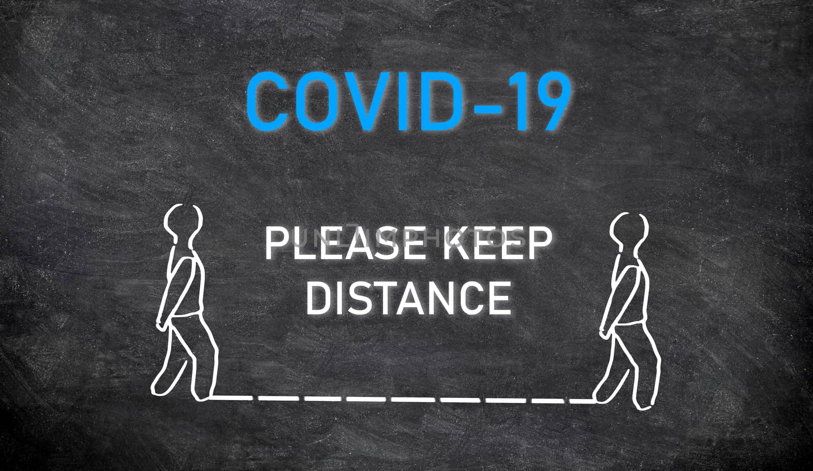 COVID-19 SOCIAL DISTANCING public announcement message board Please Keep distance of two meters or 6 feet between each person walking on street, or waiting in line at store or hospital.