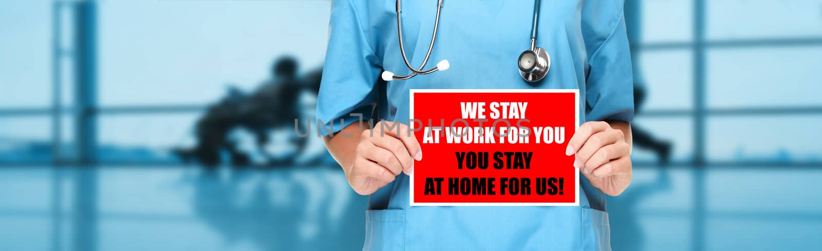 COVID-19 Social distancing quote medical nurse promoting staying at home to help workers. Coronavirus doctor holding sign in hospital background. Panoramic corona virus sign banner with text title by Maridav