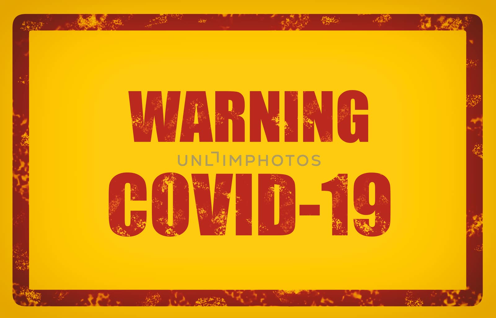 COVID-19 warning sign red text on yellow background. Coronavirus graphic design corona virus caution billboard illustration by Maridav