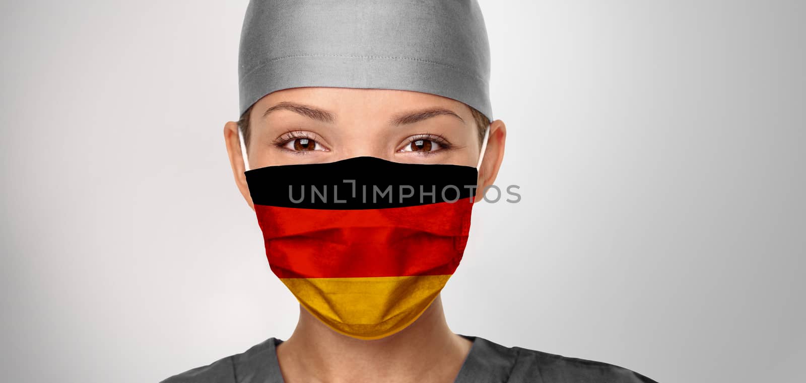 German flag on Asian doctor woman wearing mask. COVID-19 outbreak in Germany. Graphic design illustration print on medical PPE by Maridav